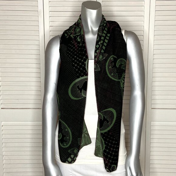 Dana Herbert Dark Purple Green Flocked Velvet Geometric Baroque Print Scarf 60" - Picture 2 of 12